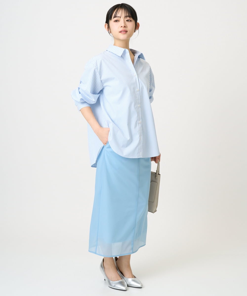 F1BGE27140 MK MICHEL KLEIN(小さいサイズ)(メゾン ドゥ サンク) 【小さいサイズ】コットン混ベーシックシャツ（ストライプ）/接触冷感/防シワ/洗濯機で洗える ライトブルー