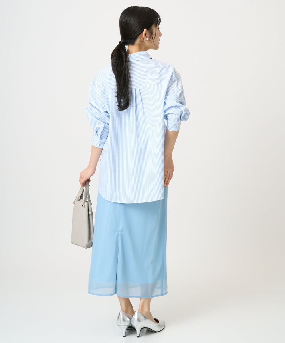 F1BGE27140 MK MICHEL KLEIN(小さいサイズ)(メゾン ドゥ サンク) 【小さいサイズ】コットン混ベーシックシャツ（ストライプ）/接触冷感/防シワ/洗濯機で洗える ライトブルー