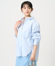 F1BGE27140 MK MICHEL KLEIN(小さいサイズ)(メゾン ドゥ サンク) 【小さいサイズ】コットン混ベーシックシャツ（ストライプ）/接触冷感/防シワ/洗濯機で洗える ライトブルー