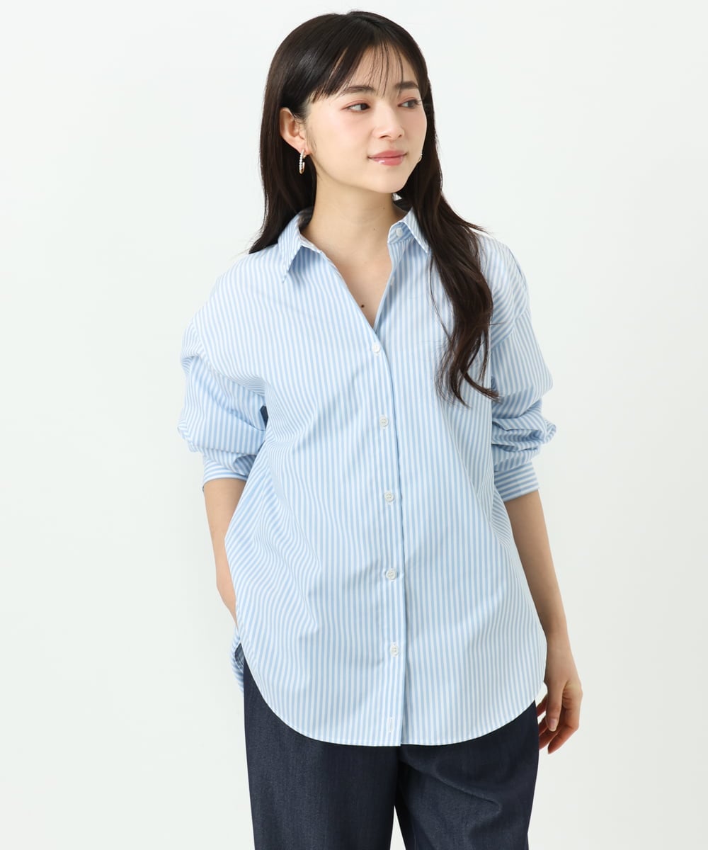 F1BGE27140 MK MICHEL KLEIN(小さいサイズ)(メゾン ドゥ サンク) 【小さいサイズ】コットン混ベーシックシャツ（ストライプ）/接触冷感/防シワ/洗濯機で洗える ライトブルー