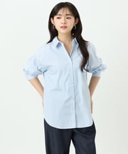 F1BGE27140 MK MICHEL KLEIN(小さいサイズ)(メゾン ドゥ サンク) 【小さいサイズ】コットン混ベーシックシャツ（ストライプ）/接触冷感/防シワ/洗濯機で洗える ライトブルー