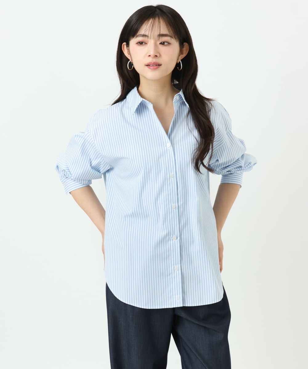 F1BGE27140 MK MICHEL KLEIN(小さいサイズ)(メゾン ドゥ サンク) 【小さいサイズ】コットン混ベーシックシャツ（ストライプ）/接触冷感/防シワ/洗濯機で洗える ライトブルー