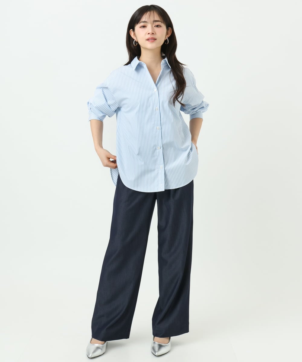 F1BGE27140 MK MICHEL KLEIN(小さいサイズ)(メゾン ドゥ サンク) 【小さいサイズ】コットン混ベーシックシャツ（ストライプ）/接触冷感/防シワ/洗濯機で洗える ライトブルー