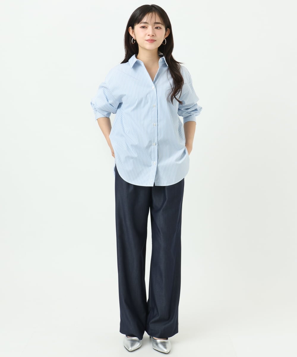 F1BGE27140 MK MICHEL KLEIN(小さいサイズ)(メゾン ドゥ サンク) 【小さいサイズ】コットン混ベーシックシャツ（ストライプ）/接触冷感/防シワ/洗濯機で洗える ライトブルー