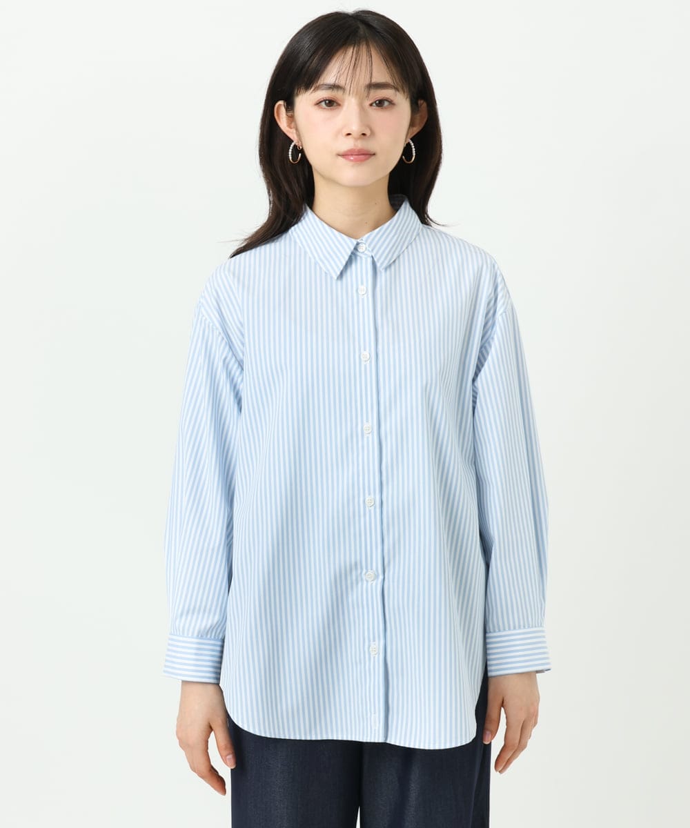 F1BGE27140 MK MICHEL KLEIN(小さいサイズ)(メゾン ドゥ サンク) 【小さいサイズ】コットン混ベーシックシャツ（ストライプ）/接触冷感/防シワ/洗濯機で洗える ライトブルー
