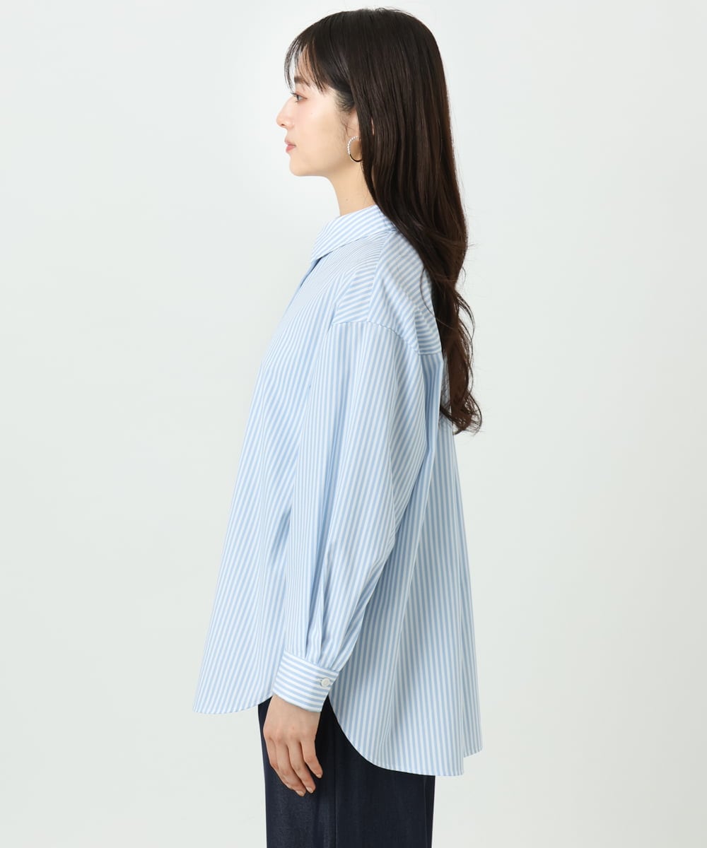 F1BGE27140 MK MICHEL KLEIN(小さいサイズ)(メゾン ドゥ サンク) 【小さいサイズ】コットン混ベーシックシャツ（ストライプ）/接触冷感/防シワ/洗濯機で洗える ライトブルー