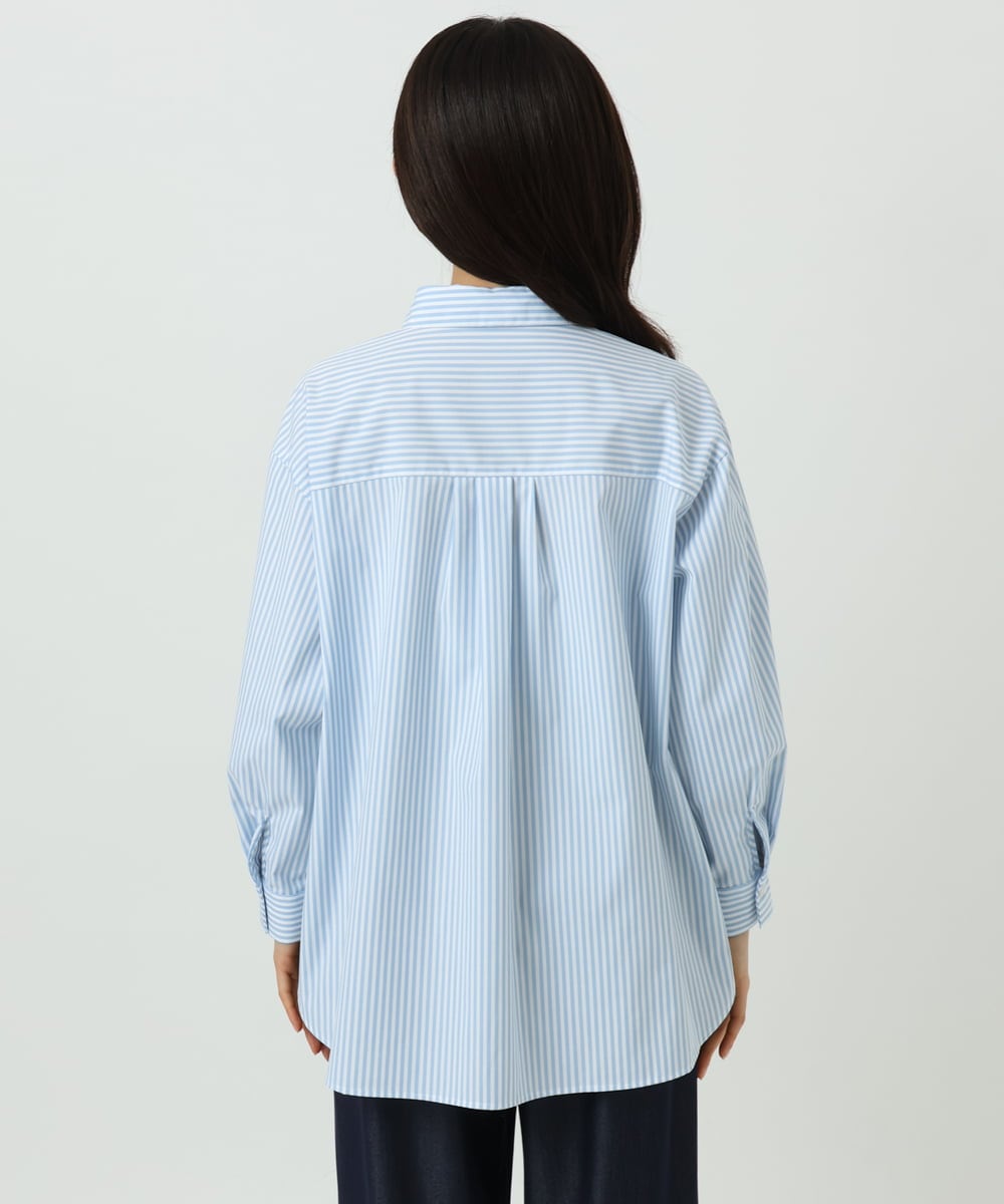 F1BGE27140 MK MICHEL KLEIN(小さいサイズ)(メゾン ドゥ サンク) 【小さいサイズ】コットン混ベーシックシャツ（ストライプ）/接触冷感/防シワ/洗濯機で洗える ライトブルー
