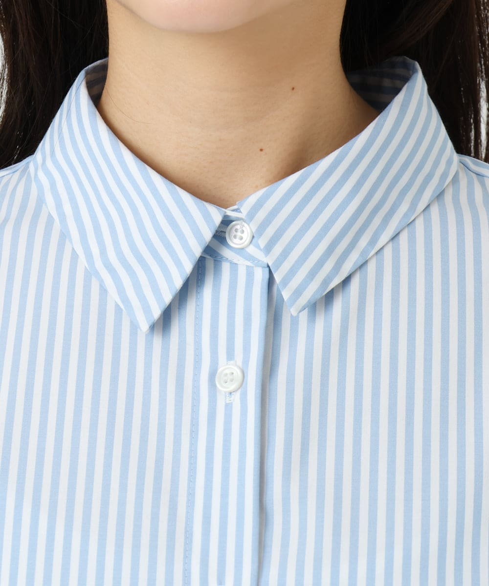 F1BGE27140 MK MICHEL KLEIN(小さいサイズ)(メゾン ドゥ サンク) 【小さいサイズ】コットン混ベーシックシャツ（ストライプ）/接触冷感/防シワ/洗濯機で洗える ライトブルー