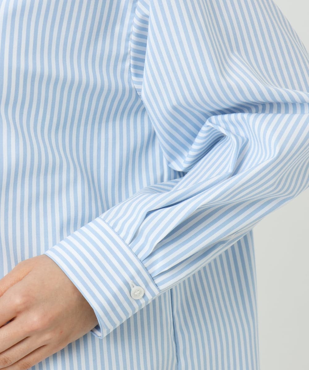 F1BGE27140 MK MICHEL KLEIN(小さいサイズ)(メゾン ドゥ サンク) 【小さいサイズ】コットン混ベーシックシャツ（ストライプ）/接触冷感/防シワ/洗濯機で洗える ライトブルー