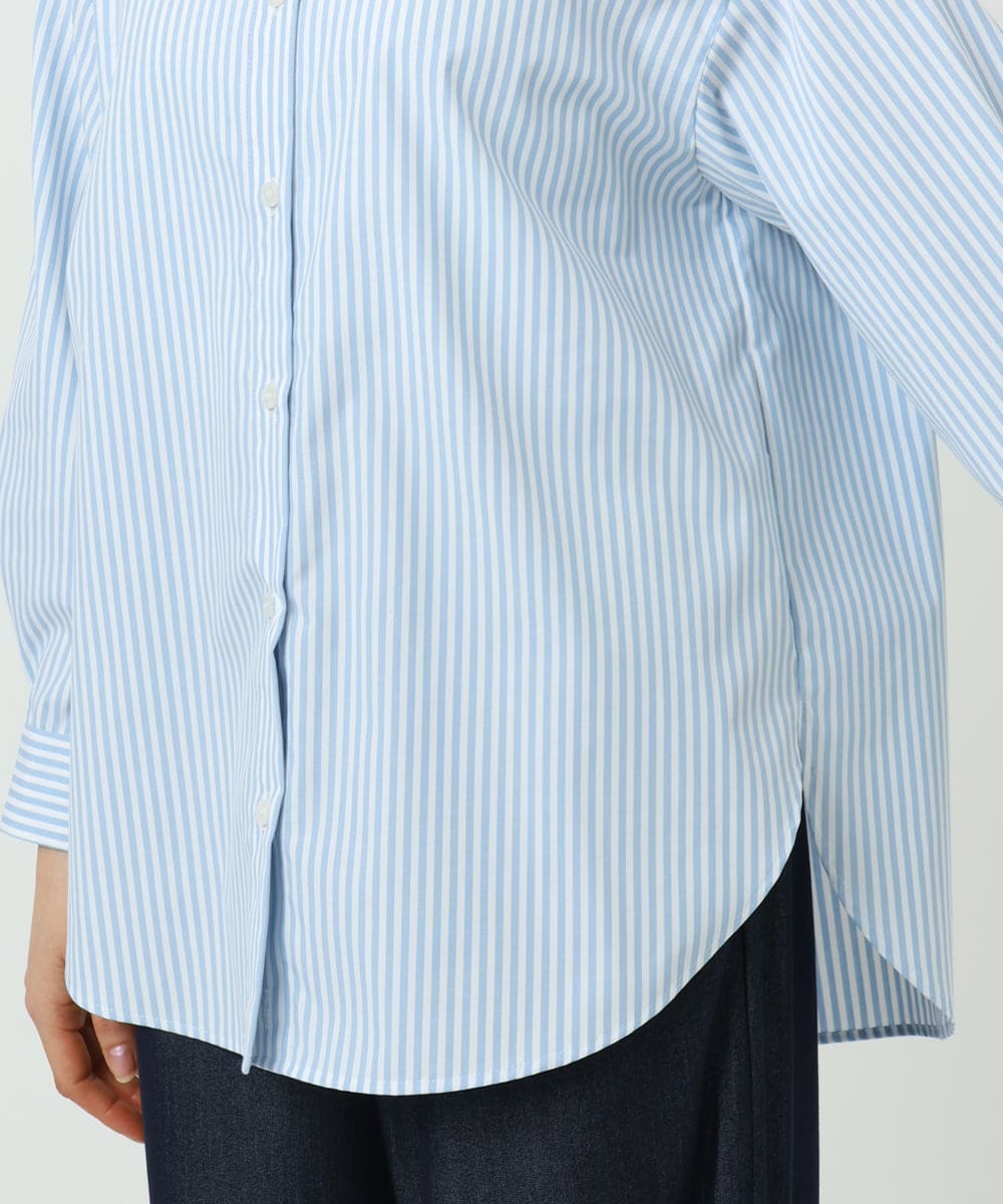F1BGE27140 MK MICHEL KLEIN(小さいサイズ)(メゾン ドゥ サンク) 【小さいサイズ】コットン混ベーシックシャツ（ストライプ）/接触冷感/防シワ/洗濯機で洗える ライトブルー
