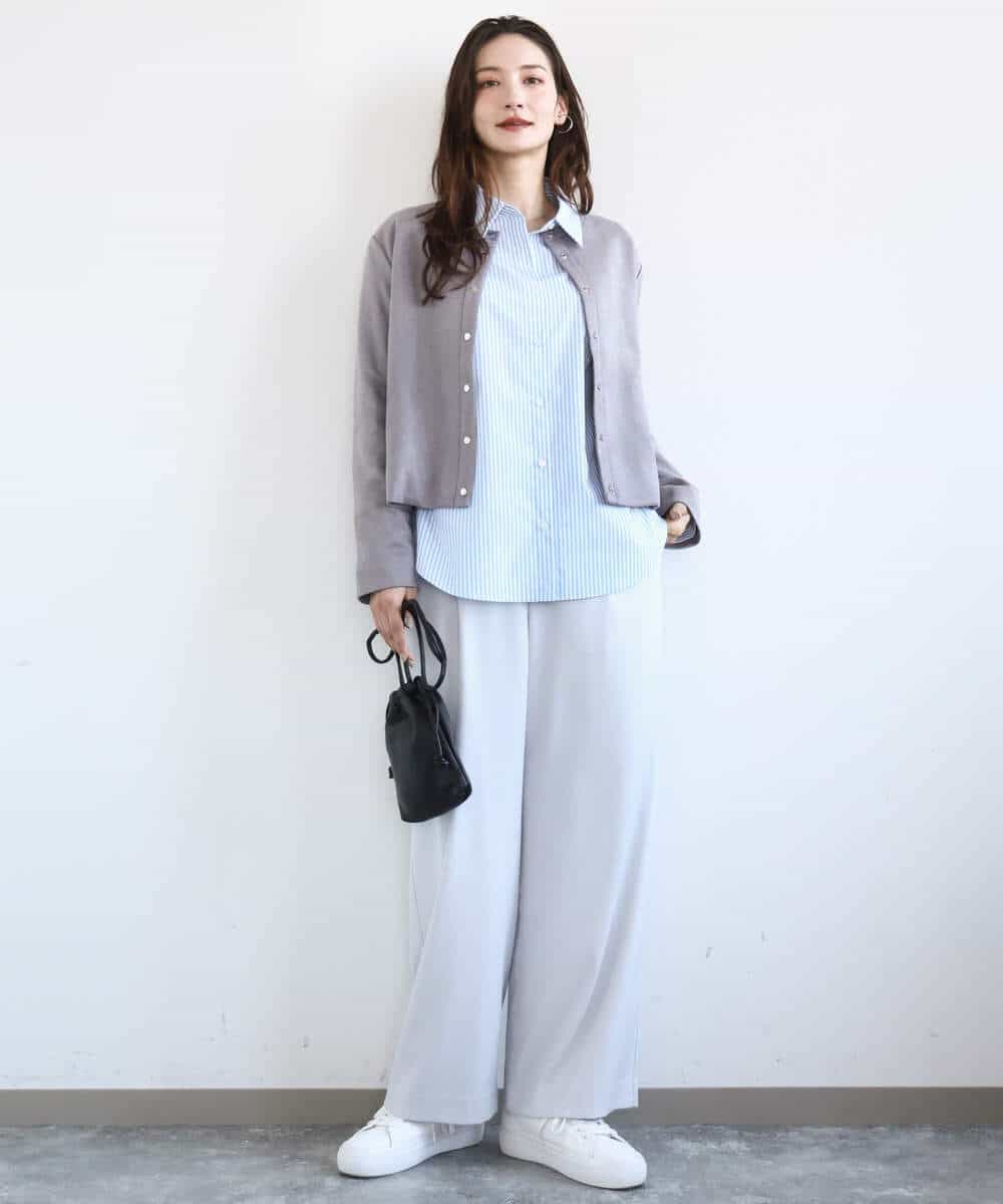 F1BGE27140 MK MICHEL KLEIN(小さいサイズ)(メゾン ドゥ サンク) 【小さいサイズ】コットン混ベーシックシャツ（ストライプ）/接触冷感/防シワ/洗濯機で洗える ライトブルー