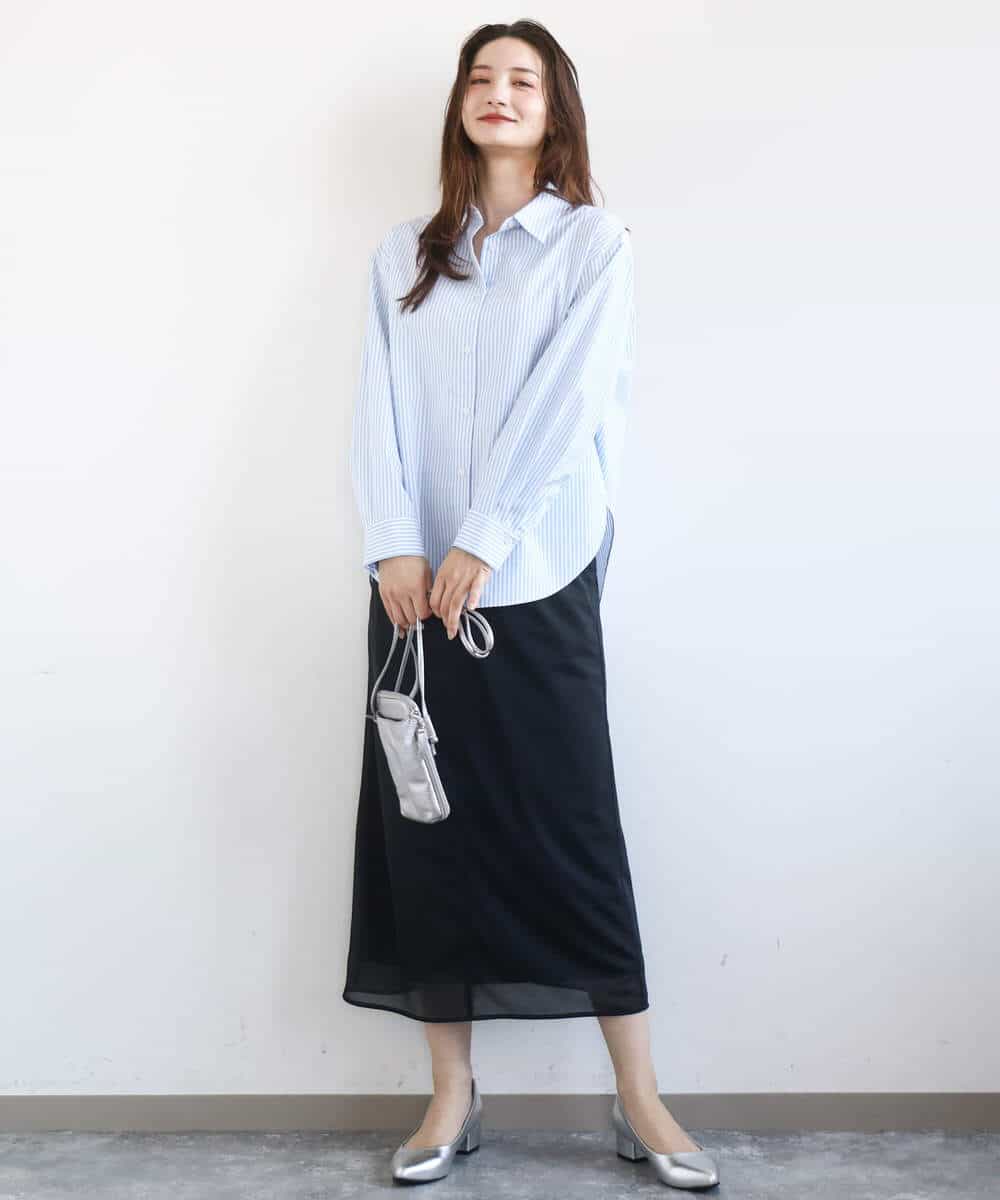 F1BGE27140 MK MICHEL KLEIN(小さいサイズ)(メゾン ドゥ サンク) 【小さいサイズ】コットン混ベーシックシャツ（ストライプ）/接触冷感/防シワ/洗濯機で洗える ライトブルー