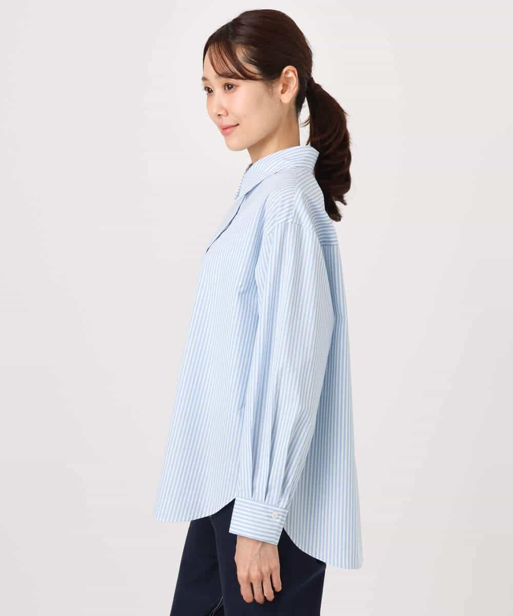 F1BGE27140 MK MICHEL KLEIN(小さいサイズ)(メゾン ドゥ サンク) 【小さいサイズ】コットン混ベーシックシャツ（ストライプ）/接触冷感/防シワ/洗濯機で洗える ライトブルー