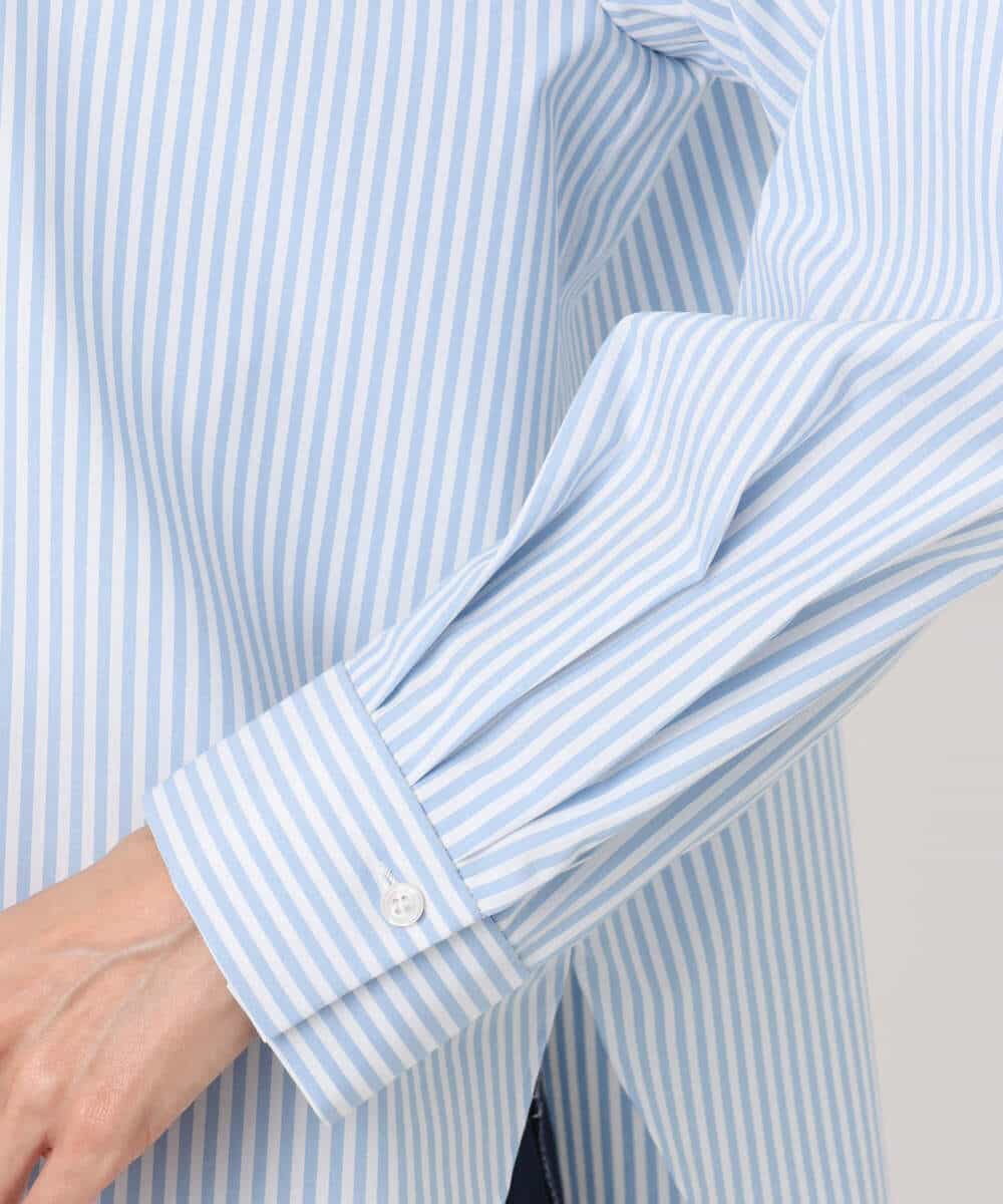 F1BGE27140 MK MICHEL KLEIN(小さいサイズ)(メゾン ドゥ サンク) 【小さいサイズ】コットン混ベーシックシャツ（ストライプ）/接触冷感/防シワ/洗濯機で洗える ライトブルー
