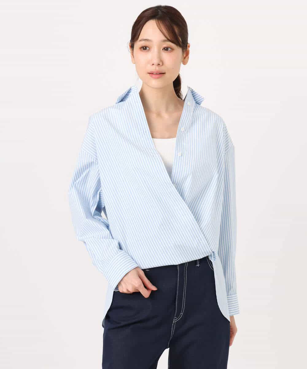 F1BGE27140 MK MICHEL KLEIN(小さいサイズ)(メゾン ドゥ サンク) 【小さいサイズ】コットン混ベーシックシャツ（ストライプ）/接触冷感/防シワ/洗濯機で洗える ライトブルー