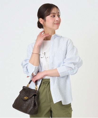 F1BGE47150 MK MICHEL KLEIN(小さいサイズ) 【小さいサイズ】リネン混ストライプシャツブラウス/接触冷感/洗える