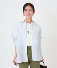 F1BGE47150 MK MICHEL KLEIN(小さいサイズ)(メゾン ドゥ サンク) 【小さいサイズ】リネン混ストライプシャツブラウス/接触冷感/洗える ホワイト×ライトブルー