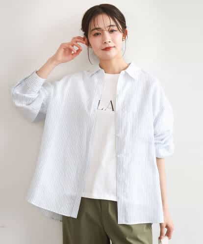 F1BGE47150  【小さいサイズ】リネン混ストライプシャツブラウス/接触冷感/洗える