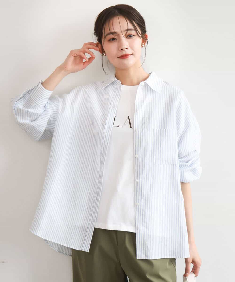 F1BGE47150 MK MICHEL KLEIN(小さいサイズ)(メゾン ドゥ サンク) 【小さいサイズ】リネン混ストライプシャツブラウス/接触冷感/洗える ライトブルー