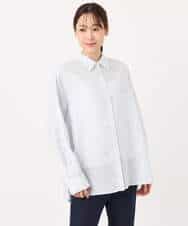 F1BGE47150 MK MICHEL KLEIN(小さいサイズ)(メゾン ドゥ サンク) 【小さいサイズ】リネン混ストライプシャツブラウス/接触冷感/洗える ライトブルー