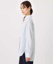 F1BGE47150 MK MICHEL KLEIN(小さいサイズ)(メゾン ドゥ サンク) 【小さいサイズ】リネン混ストライプシャツブラウス/接触冷感/洗える ライトブルー