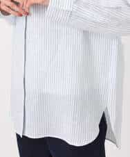 F1BGE47150 MK MICHEL KLEIN(小さいサイズ)(メゾン ドゥ サンク) 【小さいサイズ】リネン混ストライプシャツブラウス/接触冷感/洗える ライトブルー