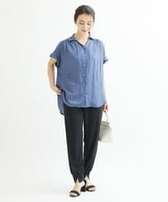 F1BGS04120 MK MICHEL KLEIN(小さいサイズ)(メゾン ドゥ サンク) 【小さいサイズ】メタル釦デザイン サテン地ブラウス/洗える ミント