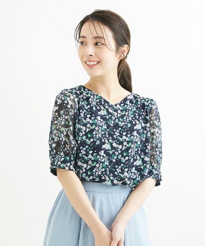 F1BGS08130  【小さいサイズ】花柄シフォンブラウス/洗える