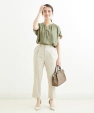 F1BGS57120 MK MICHEL KLEIN(小さいサイズ)(メゾン ドゥ サンク) 【小さいサイズ】サテン地ギャザーデザインブラウス/洗える カーキ