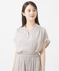 F1BGV48130 MK MICHEL KLEIN(小さいサイズ)(メゾン ドゥ サンク) 【小さいサイズ】スキッパーネックサテンブラウス/洗える ミント