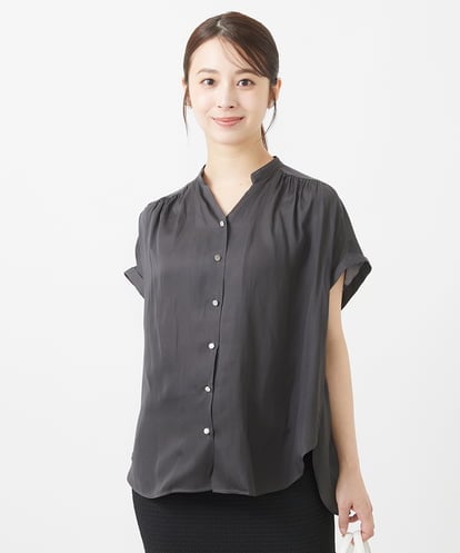 Maison de CINQ(メゾン ドゥ サンク) 【小さいサイズ】スキッパーネックサテンブラウス/洗える ダークグレー/灰 36