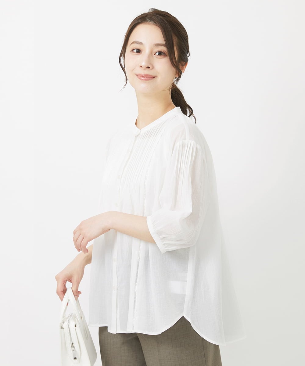 F1BGV51150 MK MICHEL KLEIN(小さいサイズ)(メゾン ドゥ サンク) 【小さいサイズ】ピンタックデザインシアーコットンブラウス/洗える ピンク