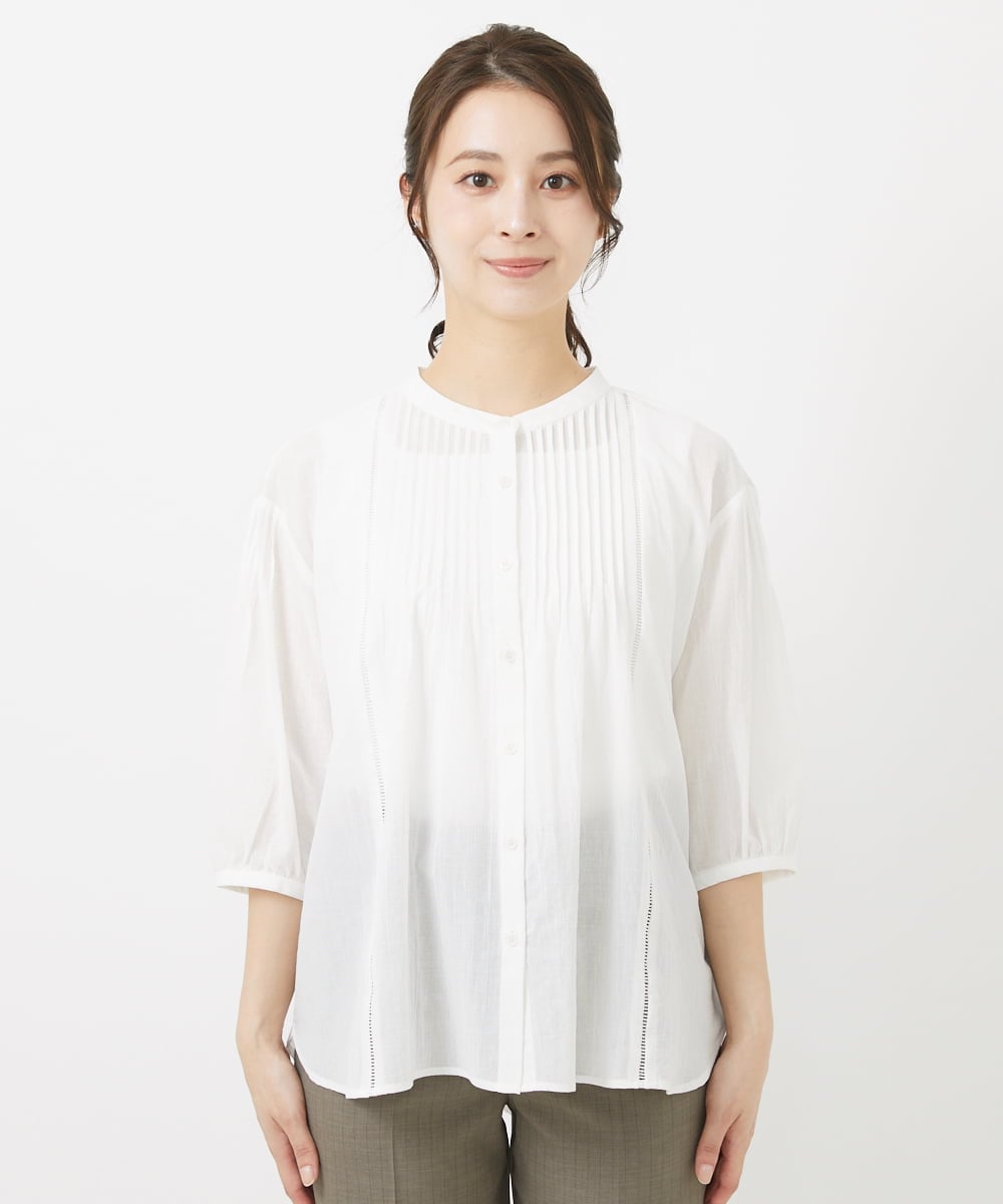 F1BGV51150 MK MICHEL KLEIN(小さいサイズ)(メゾン ドゥ サンク) 【小さいサイズ】ピンタックデザインシアーコットンブラウス/洗える ピンク