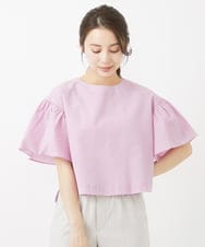 F1BGV56130 MK MICHEL KLEIN(小さいサイズ)(メゾン ドゥ サンク) 【小さいサイズ】コットンサッカーフレアスリーブショート丈ブラウス/洗える ピンク