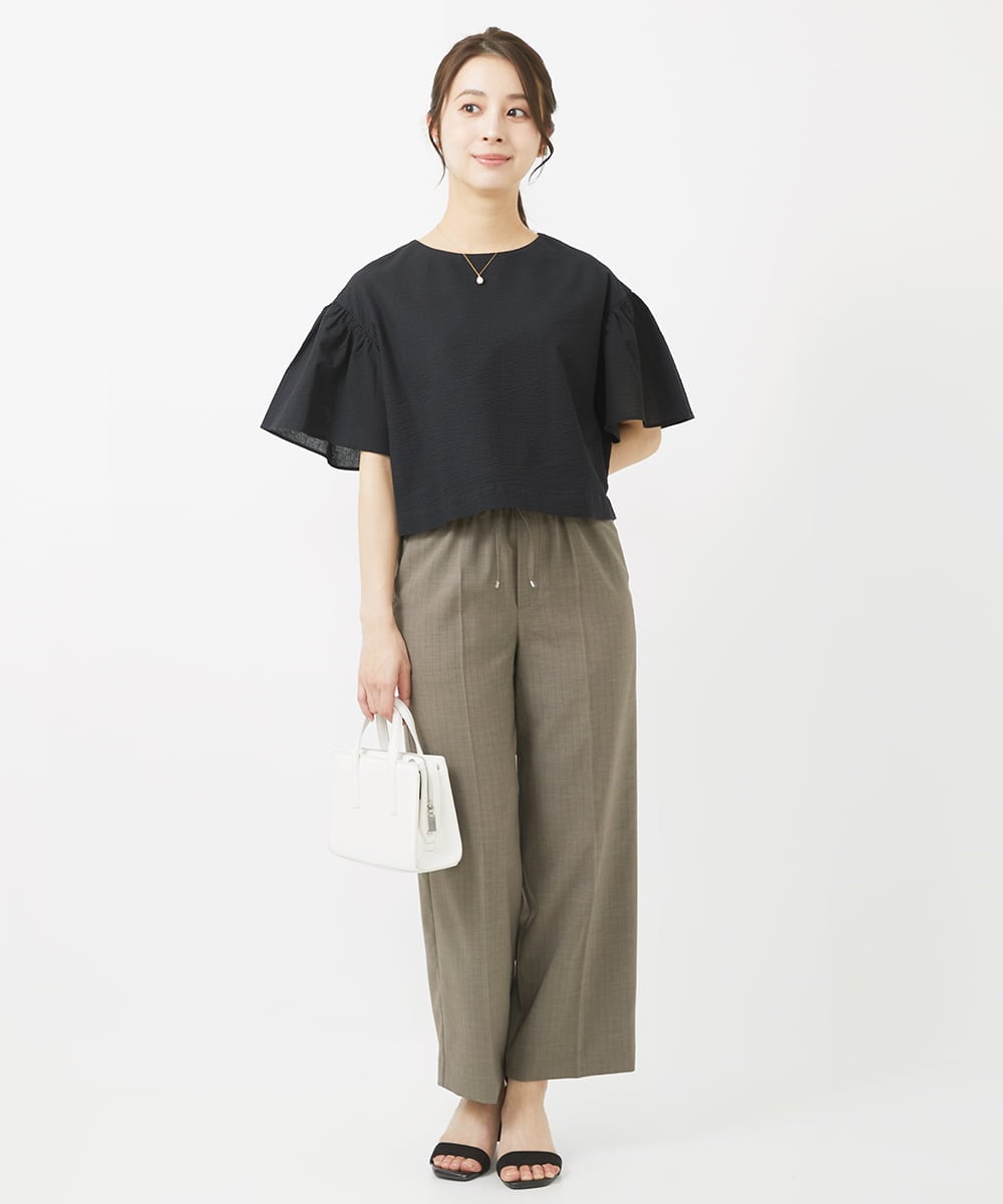 F1BGV56130 MK MICHEL KLEIN(小さいサイズ)(メゾン ドゥ サンク) 【小さいサイズ】コットンサッカーフレアスリーブショート丈ブラウス/洗える ピンク