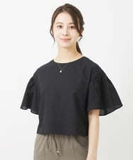 F1BGV56130 MK MICHEL KLEIN(小さいサイズ)(メゾン ドゥ サンク) 【小さいサイズ】コットンサッカーフレアスリーブショート丈ブラウス/洗える ピンク