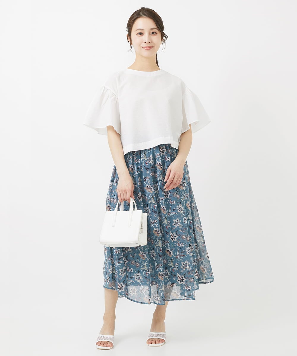 F1BGV56130 MK MICHEL KLEIN(小さいサイズ)(メゾン ドゥ サンク) 【小さいサイズ】コットンサッカーフレアスリーブショート丈ブラウス/洗える ピンク