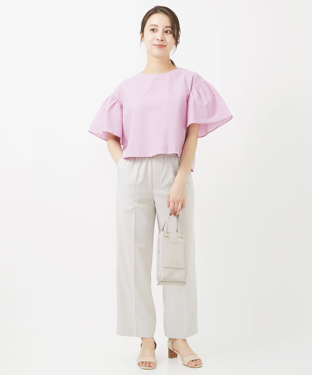 F1BGV56130 MK MICHEL KLEIN(小さいサイズ)(メゾン ドゥ サンク) 【小さいサイズ】コットンサッカーフレアスリーブショート丈ブラウス/洗える ピンク