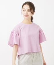 F1BGV56130 MK MICHEL KLEIN(小さいサイズ)(メゾン ドゥ サンク) 【小さいサイズ】コットンサッカーフレアスリーブショート丈ブラウス/洗える ピンク
