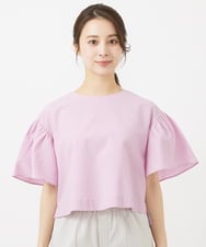 F1BGV56130 MK MICHEL KLEIN(小さいサイズ)(メゾン ドゥ サンク) 【小さいサイズ】コットンサッカーフレアスリーブショート丈ブラウス/洗える ピンク