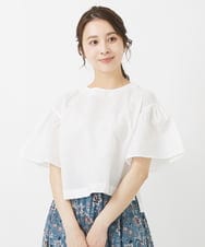 F1BGV56130 MK MICHEL KLEIN(小さいサイズ)(メゾン ドゥ サンク) 【小さいサイズ】コットンサッカーフレアスリーブショート丈ブラウス/洗える ホワイト