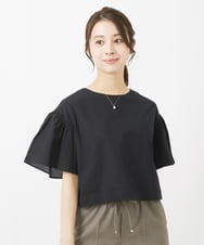 F1BGV56130 MK MICHEL KLEIN(小さいサイズ)(メゾン ドゥ サンク) 【小さいサイズ】コットンサッカーフレアスリーブショート丈ブラウス/洗える ブラック