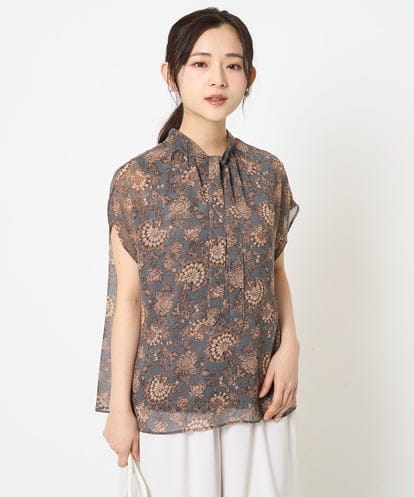 Maison de CINQ(メゾン ドゥ サンク) 【小さいサイズ】更紗プリント花柄シフォンブラウス/前後2way/洗える カーキ/緑 36