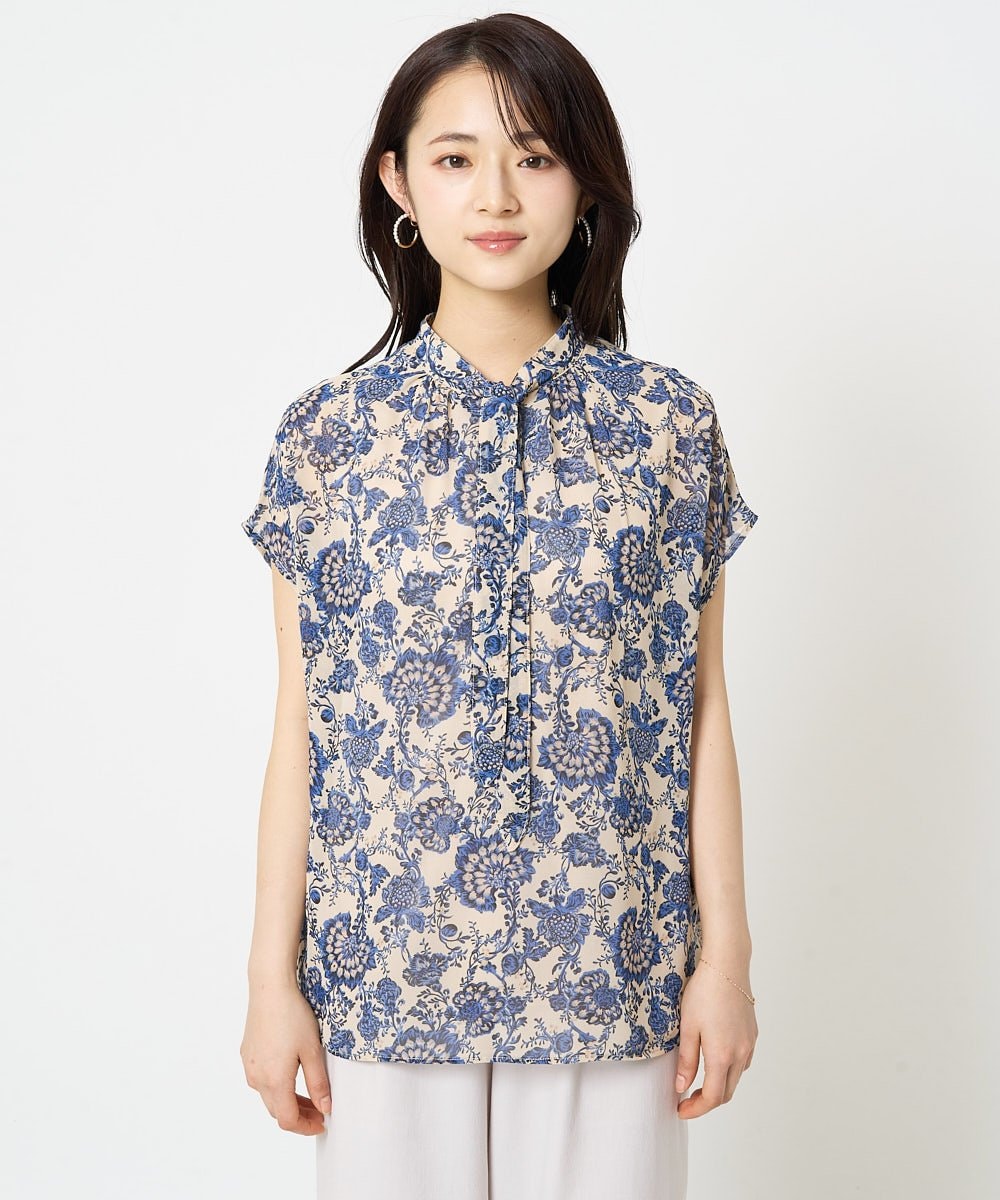 F1BHA05140 MK MICHEL KLEIN(小さいサイズ)(メゾン ドゥ サンク) 【小さいサイズ】更紗プリント花柄シフォンブラウス/前後2way/洗える ベージュ