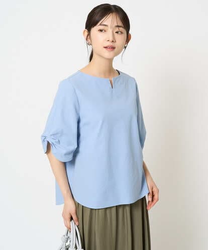 Maison de CINQ(メゾン ドゥ サンク) 【小さいサイズ】キーネックデザインブラウス/撥水/UVカット/洗える/セットアップ対応 ブルー/青 36