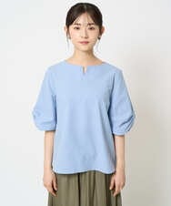 F1BHA60140 MK MICHEL KLEIN(小さいサイズ)(メゾン ドゥ サンク) 【小さいサイズ】キーネックデザインブラウス/撥水/UVカット/洗える/セットアップ対応 ネイビー