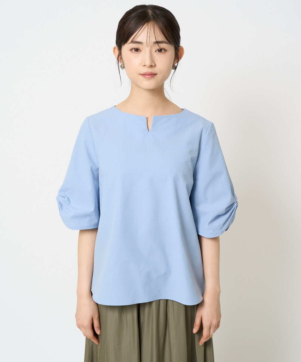 F1BHA60140 MK MICHEL KLEIN(小さいサイズ)(メゾン ドゥ サンク) 【小さいサイズ】キーネックデザインブラウス/撥水/UVカット/洗える/セットアップ対応 ネイビー