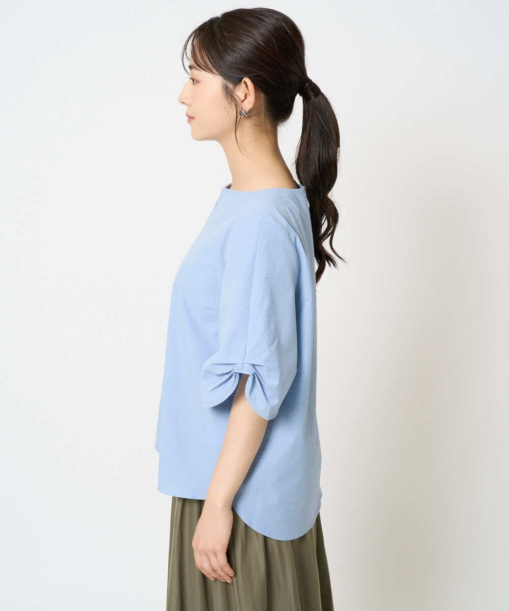F1BHA60140 MK MICHEL KLEIN(小さいサイズ)(メゾン ドゥ サンク) 【小さいサイズ】キーネックデザインブラウス/撥水/UVカット/洗える/セットアップ対応 ネイビー