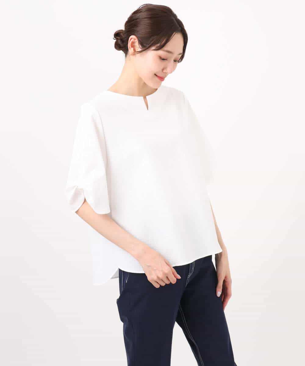 F1BHA60140 MK MICHEL KLEIN(小さいサイズ)(メゾン ドゥ サンク) 【小さいサイズ】キーネックデザインブラウス/撥水/UVカット/洗える/セットアップ対応 ネイビー