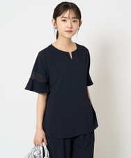 F1BHA63140 MK MICHEL KLEIN(小さいサイズ)(メゾン ドゥ サンク) 【小さいサイズ】フレアースリーブブラウス/UVカット/接触冷感/洗える/セットアップ対応 ネイビー